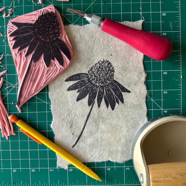creative workshop Austin Texas beginner block print coneflower demo